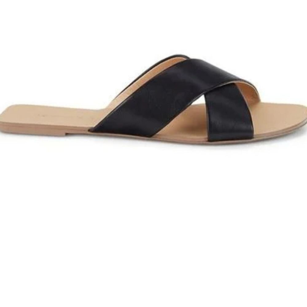 Saks Fifth Avenue Anne Slides Leather Crossover Flats Sandals Black 10